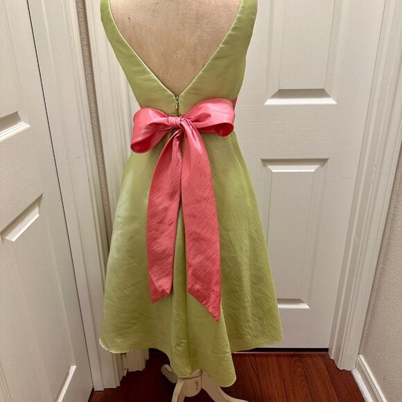 WTOO by Watters Cocktail Dress Size 4 Green A line Silhouette  With Pink Tie Bow - Picture 6 of 12